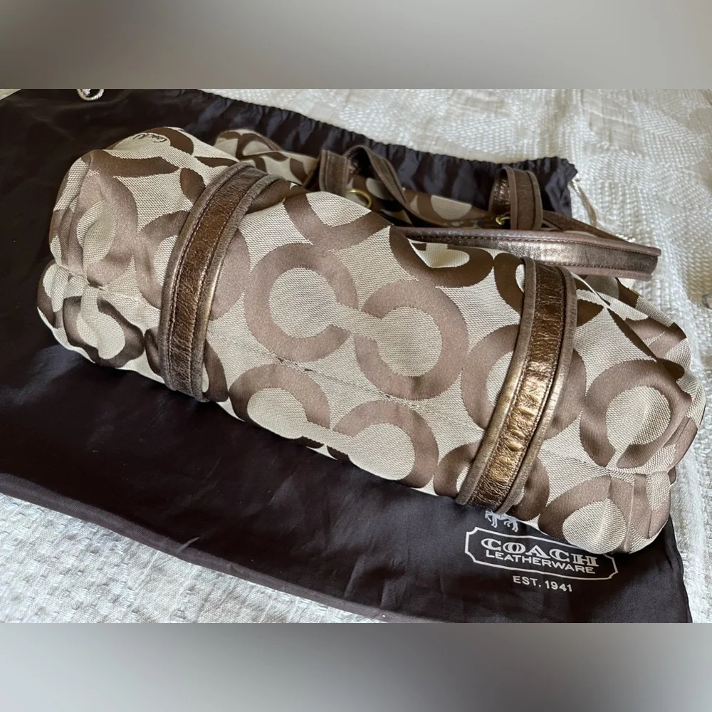 Coach Poppy C op art glam bronze metallic leather brown jacquard canvas tote bag